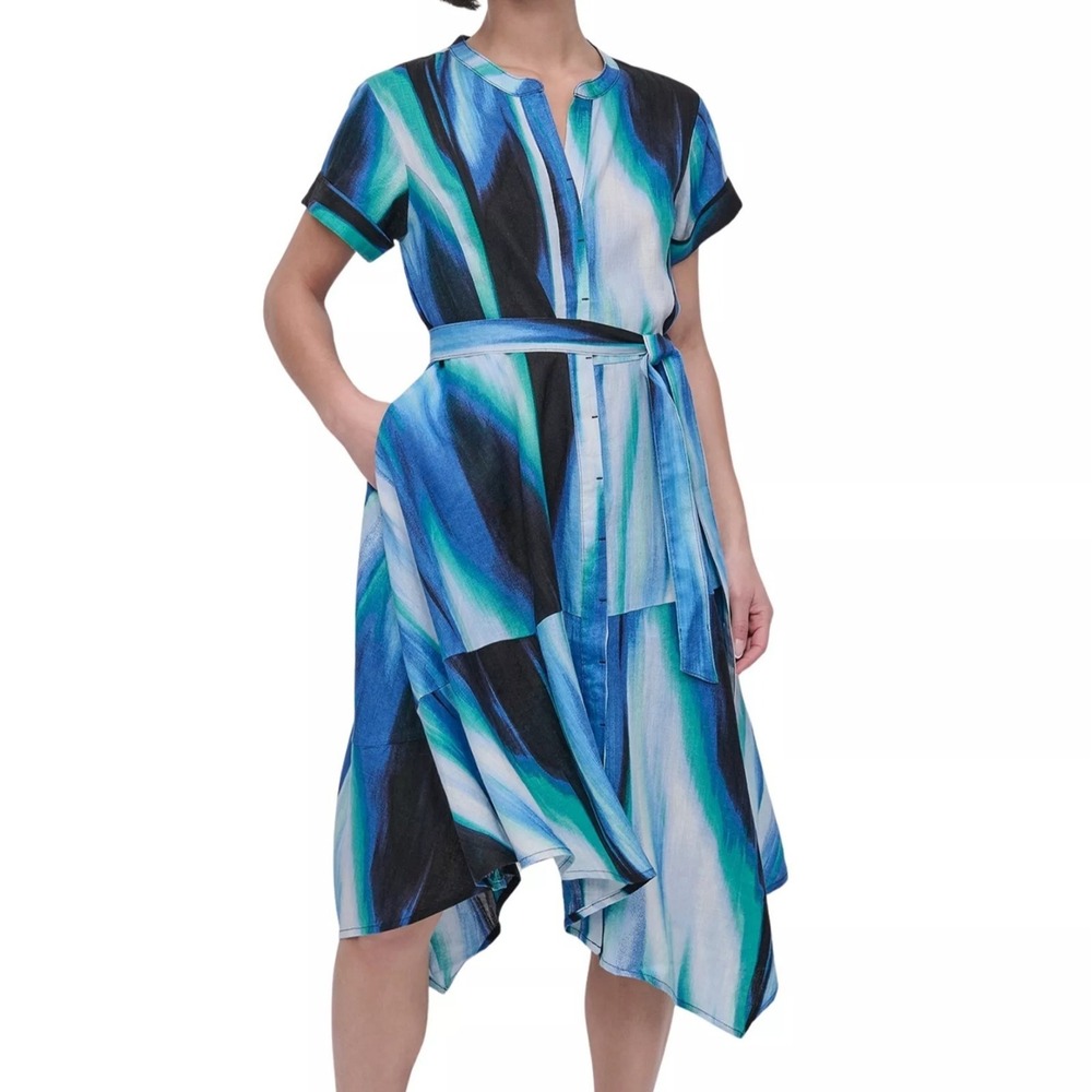 DKNY Brushstroke Caribbean Printed Asymmetrical Button Fit & Flare Dress Size 10